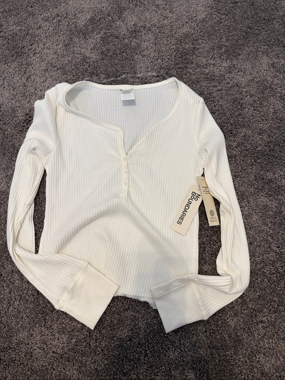 No Boundaries Cream Ribbed Henley Long Sleeve Top